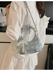Blue denim hobo bag with rhinestone rhombic pattern and elegant pearl lace charm