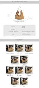 Size chart showing large woven tote bag dimensions with various color options and doll charms
