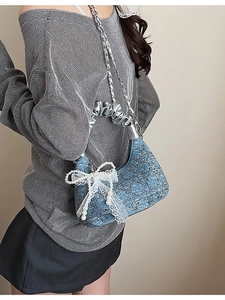 Blue tweed chain crossbody bag with white lace bow and elegant pearl charms