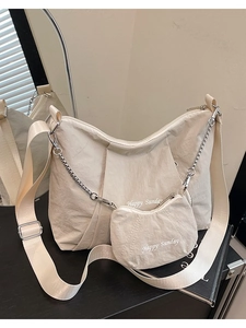 Beige pleated nylon tote bag with Happy Sunday print and matching mini pouch