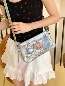 Sac Ita Holographique Fenêtre Transparente Boucle en Cœur Chaîne Sac Bandoulière en Cuir PU Sac Anime Ita pour Femmes
