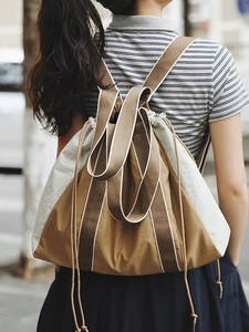 Khaki and white contrast large tote bag with drawstring for casual daily commuting