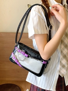 Sac ita japonais en cuir verni noir avec fenêtre transparente et détail coeur violet
