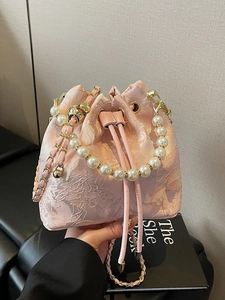 Women New Chinese Style Bucket Bag Elegant Artificial Pearl Handle Lace Embroidery Crossbody Bag Floral Butterfly Chain Shoulder Bag