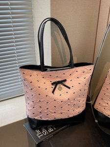 Borsa Tote da Donna a Grande Capacità Rosa Nero Colore a Contrasto Tessuto Plissettato Fiocco Stampa Zaino a Spalla per Pendolarismo Quotidiano Moda Borsa Dolce