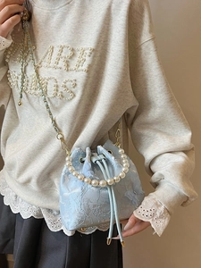 New Chinese bucket bag with pearl handle and light blue floral jacquard fabric
