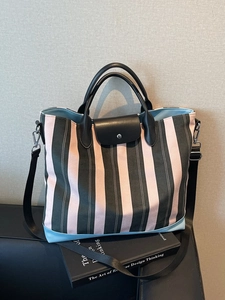Large Capacity Striped Canvas Tote Bag For Women Minimalist Commuter Shoulder Bag With PU Leather Trim Flap And Handle
