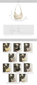 Detailed size specifications and material chart for the PU leather half-moon handbag