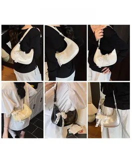 Collage of chic croissant bags in four colors with pearl heart charms and lace bows
