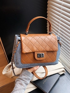 Women Quilted Chain Crossbody Bag Denim Patchwork PU Leather Small Square Shoulder Bag With Top Handle Fashion Satchel Purse