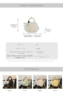 Size chart for mini PU Boston bag with 3D floral accent showing dimensions and colors