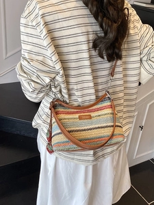 Sac bandoulière tissé arc-en-ciel avec rayures colorées, fraise et bandoulière cuir