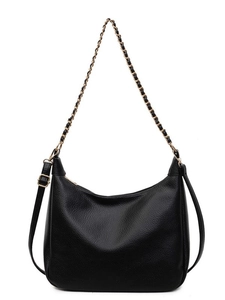 Classic black litchi pattern leather hobo bag with gold chain and moon crescent shape