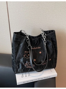 Sac Cabas de Grande Capacité pour Femmes en Cuir PU Plissé Avec Bandoulière Chaîne Broderie Chat de Dessin Animé