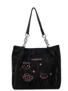 Grand sac cabas noir avec broderies de chats mignons et bandoulière en chaîne argentée