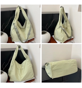 Detailed close-up showing light green gingham canvas tote bag from four different angles