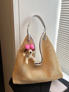Summer Large Capacity Straw Woven Tote Bag For Women With PU Leather Trim And Cute Plush Dog Pendant Bohemian Beach Shoulder Bag