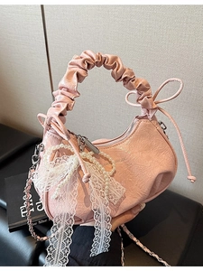 Sac à Main Plissé en PU Français Avec Nœud en Dentelle et Décoration en Künstliche Perles Sac à Épaule Croissant Avec Bandoulière Chaîne Métallique