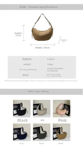 Detailed dimension chart and color guide for a large capacity fabric crescent tote bag