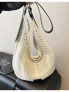 Women's Woven Straw Shoulder Bag Hollow Out Crochet Tote Bag Boho Vacation Underarm Bag With Adjustable Leather Strap