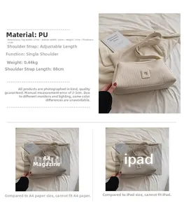 White PU leather bag details with dimensions 33cm width and adjustable strap specification