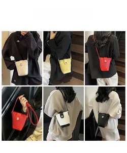 Detailed views of leather bucket bags in multiple colors featuring metal twist lock closure