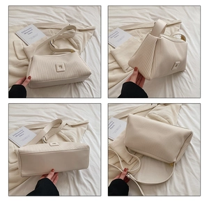 Detail view of cream pleated pillow bag showing texture and adjustable strap in four angles