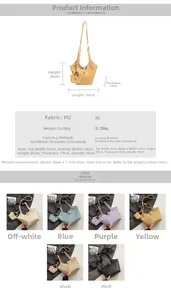 Detailed size chart for the PU leather bucket bag showing dimensions and six color options