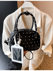 Women Trendy Heart Print Glossy PU Leather Bowling Handbag Fashion Casual Small Shoulder Crossbody Bag With Card Slot Charm