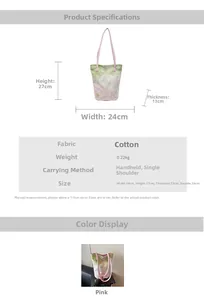 Detailed size specifications for the floral jacquard bucket bag showing dimensions and weight