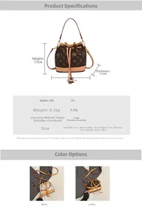 Detailed view of mini retro monogram bucket bag with dimensions and strap info