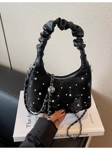 Niche Women Rhinestone Pleated Dumpling Crossbody Bag Fashion PU Leather Chain Shoulder Bag Cloud Handle Hobo Handbag