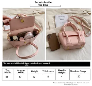 Detailed size guide and capacity display for the pink crossbody handbag with dimensions