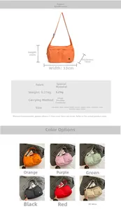 Detailed chart showing lightweight nylon crossbody bag dimensions and six color options