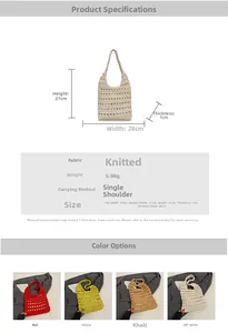 Detailed size chart and specifications for the hollow knit shoulder tote bag