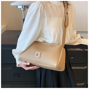 Detail of beige pleated shoulder bag featuring fine vertical texture and square buckle