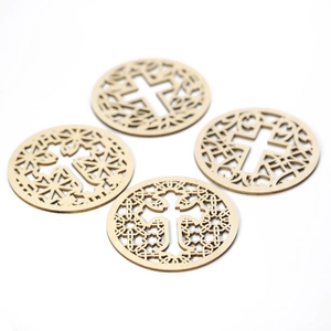 Detailed laser-cut wooden coasters set with intricate religious cross and Celtic knot designs