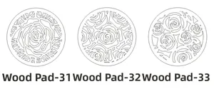 Three circular wooden coasters with laser-cut rose patterns in models 31, 32, and 33