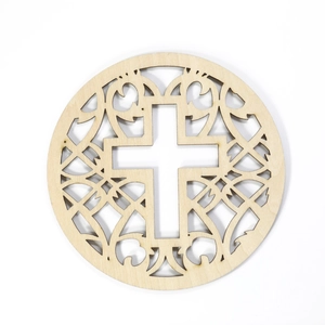 Detailed laser-cut circular wooden coaster with a hollow cross and Gothic floral patterns