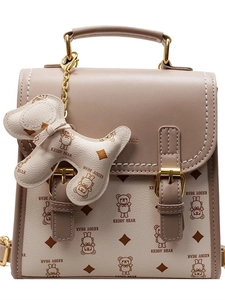 Cute beige cartoon teddy bear convertible handbag and backpack with golden chain strap