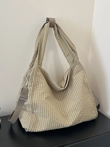 Large capacity beige gingham canvas tote bag with adjustable shoulder strap and metal buckle