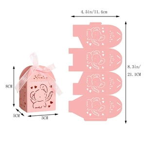 Pink laser-cut elephant candy box showing dimensions and flat layout for assembly
