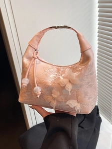 Sac à main en dentelle rose avec broderie papillon 3D et breloques en perles fines