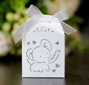 Close-up of laser-cut elephant heart patterns on white gift box with white organza ribbon