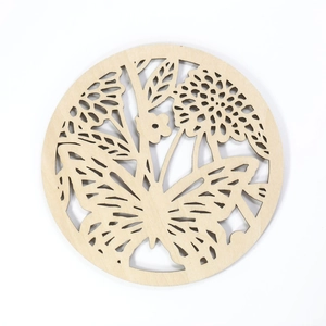 Laser-cut wooden coaster with hollow butterfly and floral pattern for heat insulation
