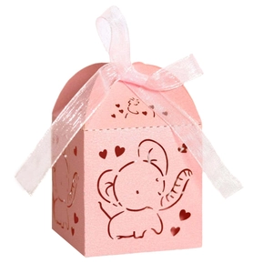 Pink laser-cut elephant candy box with heart patterns and a soft organza ribbon bow