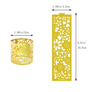 Detailed size view of golden hollow floral napkin ring with flat and curved perspectives