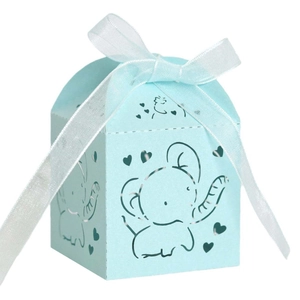 Laser cut silver elephant candy box with light blue ribbon for wedding party favors