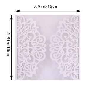 Detail of white laser-cut floral wedding invitation sleeve measuring 5.9 by 5.9 inches