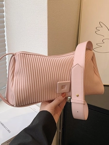 Women Pleated PU Leather Crossbody Bag Fashion Striped Pillow Shoulder Bag With Adjustable Wide Strap Casual Travel Handbag For Women